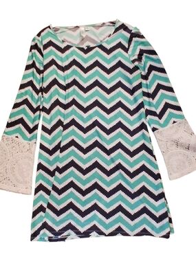 Tacera Chevron Mini Dress with Lace Bell Sleeves - Aqua Navy White